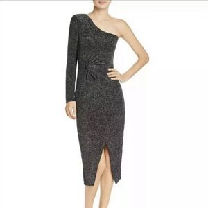 Bardot Black Metallic Faux Wrap Midi Dress One Sleeve Size US Large NWT‎